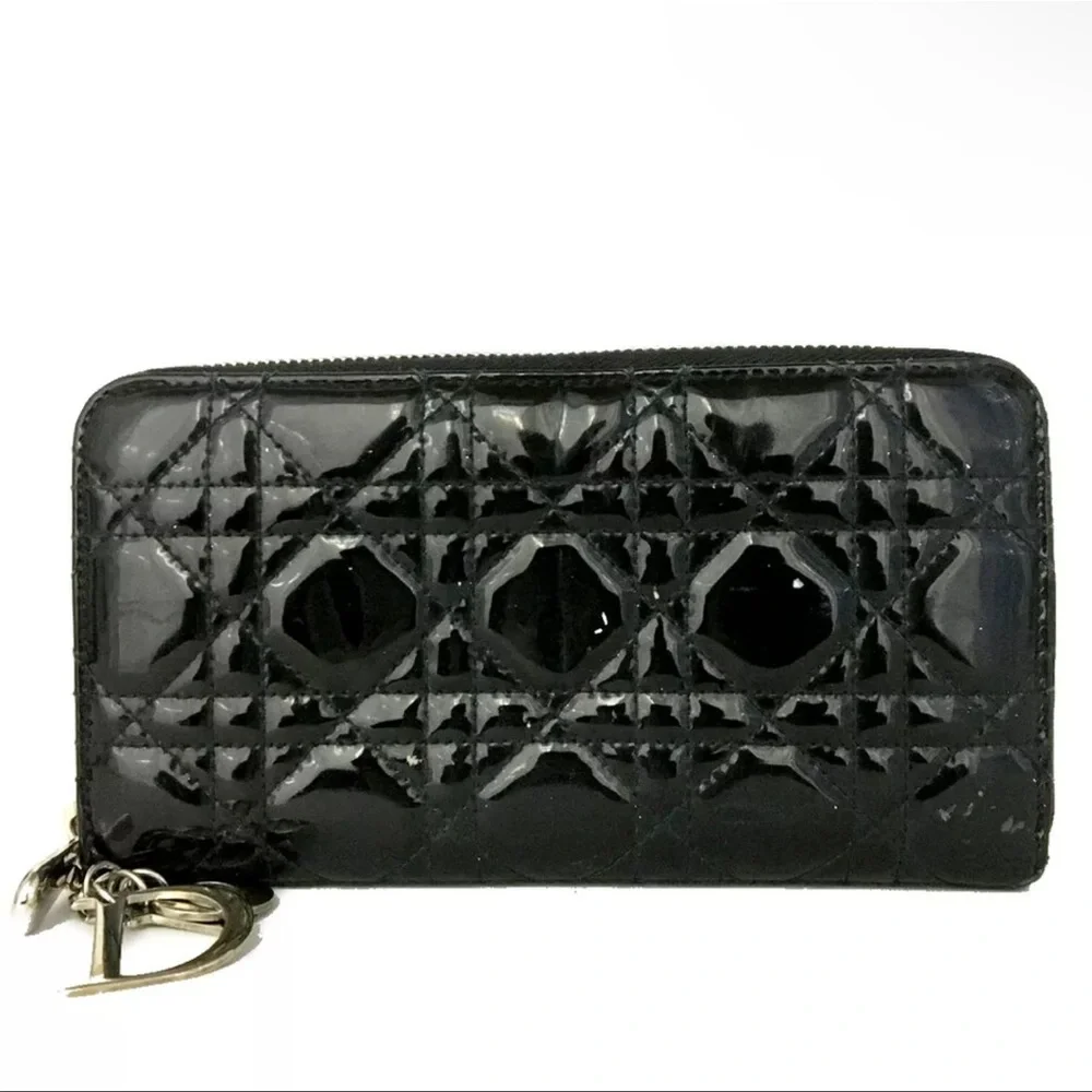 AUTH Christian Dior Cannage Patent Leather Zip Long Wallet Black